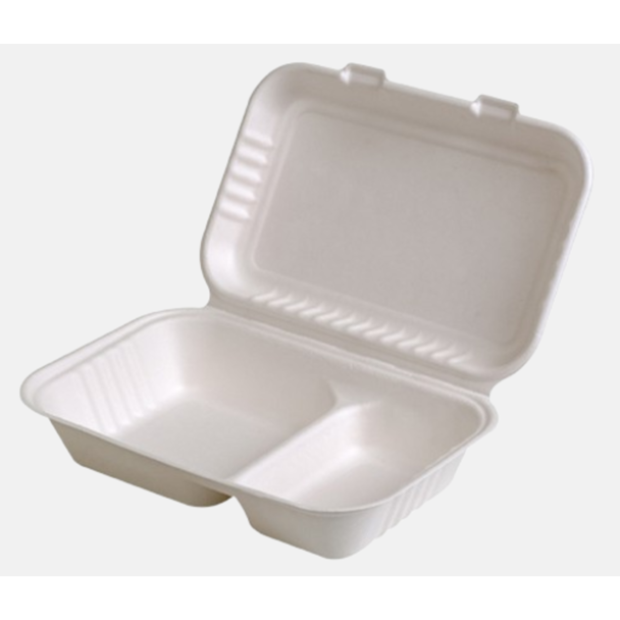 9 x 6 Sugarcane ClamShell 2 Compartment Container - White (500 per case) - Carryout Supplies