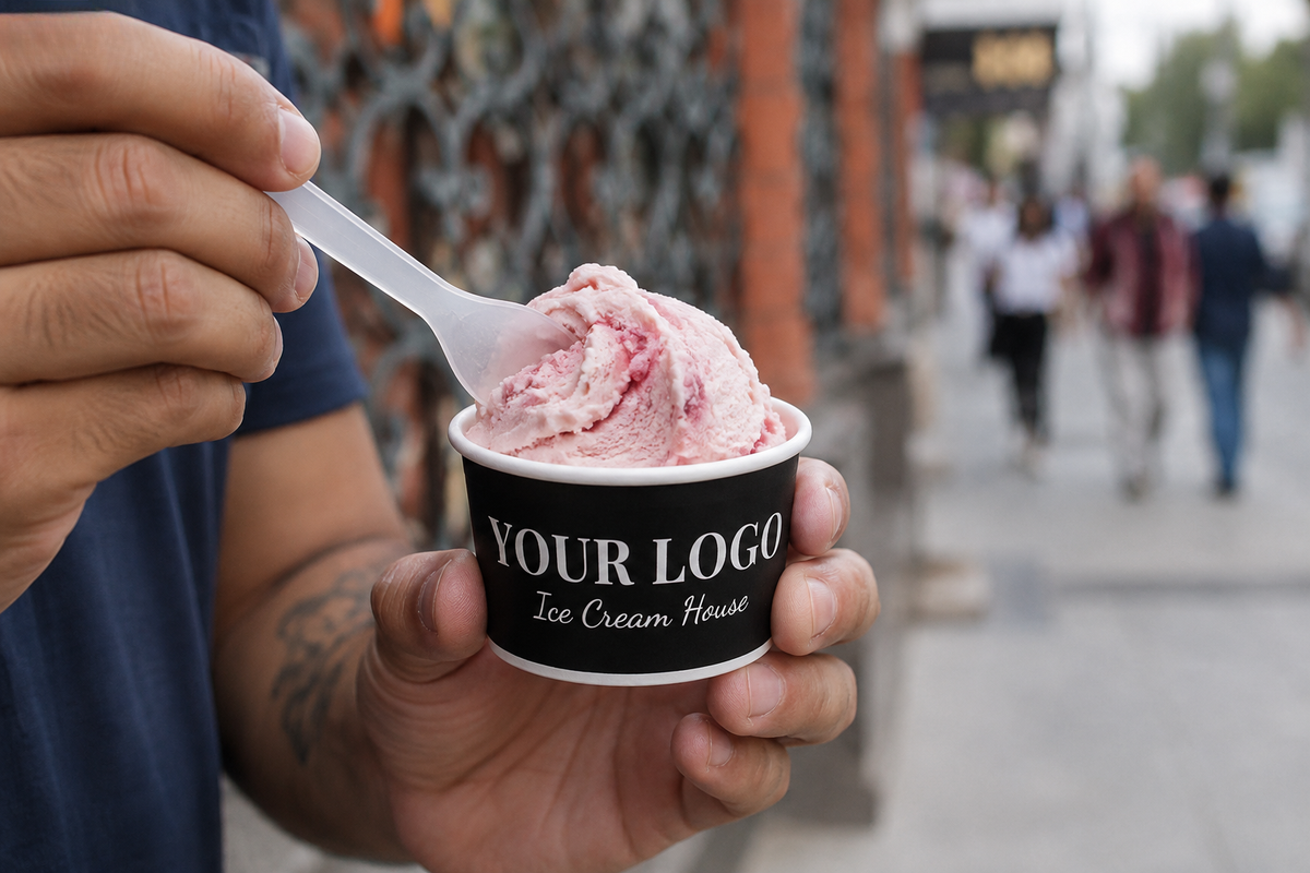 Custom Printed – Double-Poly lined Paper Frozen Yogurt/Soup Cup (White) – 142MM / 32 OZ - Carryout Supplies